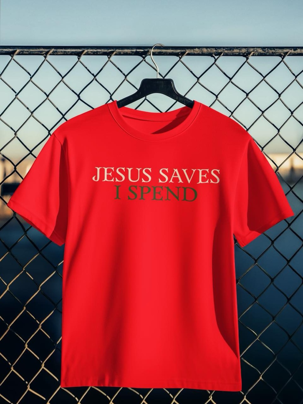 Men's Red Short-Sleeve Graphic Tee — 'Jesus Saves I Spend'